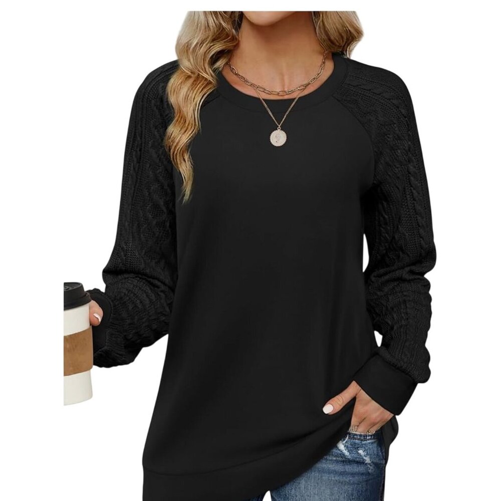 Black Long-Sleeve Textured Sleeve Womens Pullover Sweatshirt XL‎ Stylish